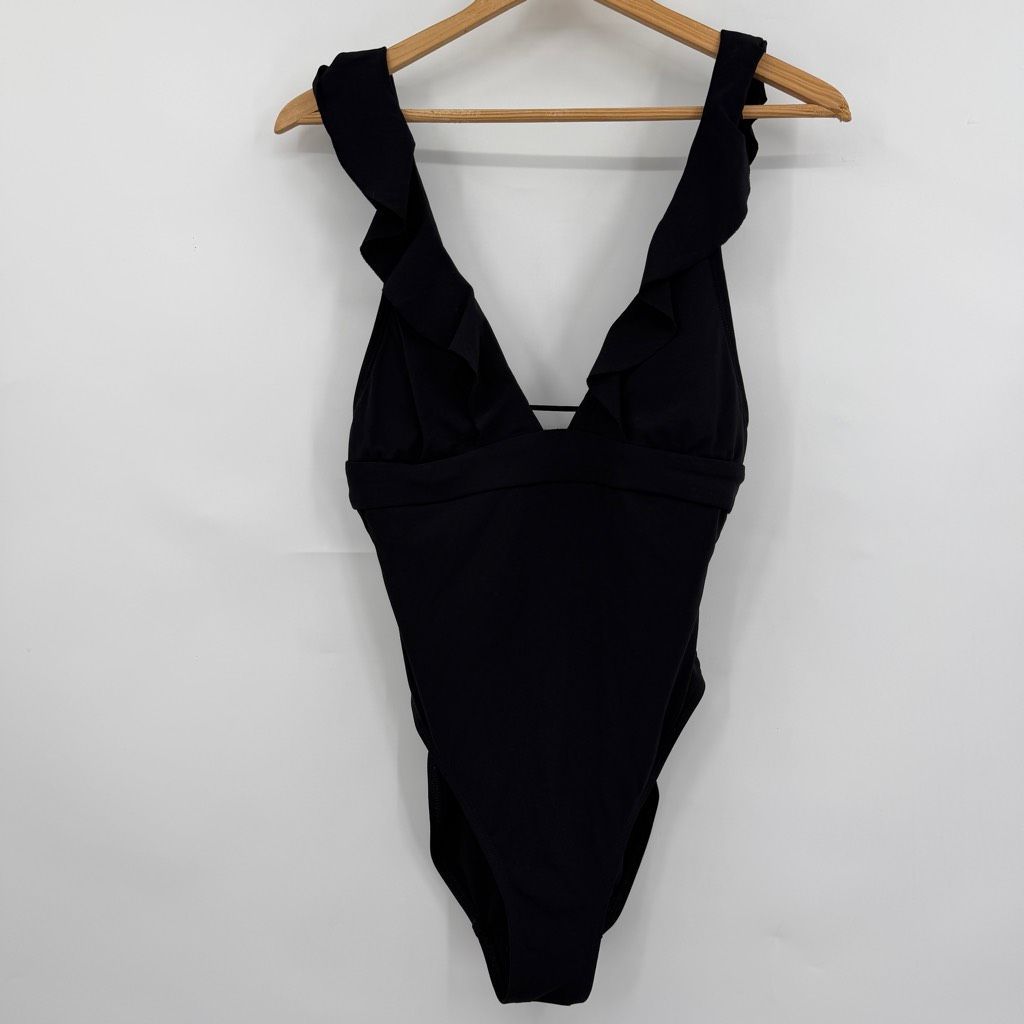 Robin Piccone Black Ruffle Plunge One Piece Swimsuit Size 8